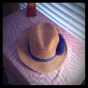 Tory Burch rafia hat with blue ribbon and pom!